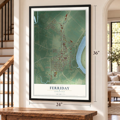 Ferriday, Louisiana map, 24 x 36 inch print in a black frame by a staircase