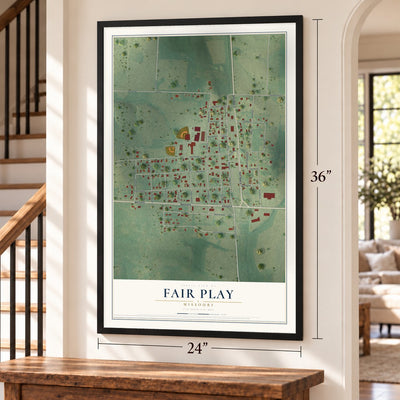 Fair Play, Missouri map, 24 x 36 inch print in a black frame by a staircase