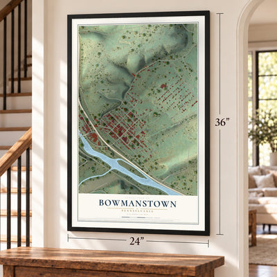 Bowmanstown, Pennsylvania map, 24 x 36 inch print in a black frame by a staircase