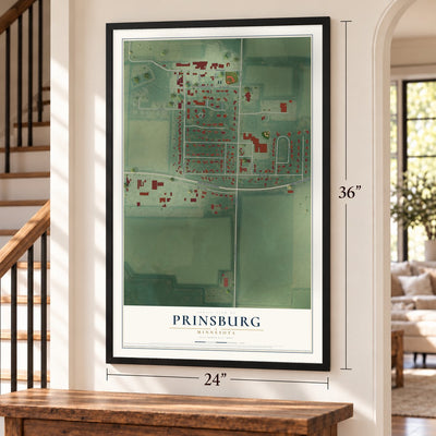 Prinsburg, Minnesota map, 24 x 36 inch print in a black frame by a staircase