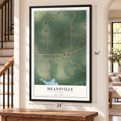 Meansville, Georgia map, 24 x 36 inch print in a black frame by a staircase
