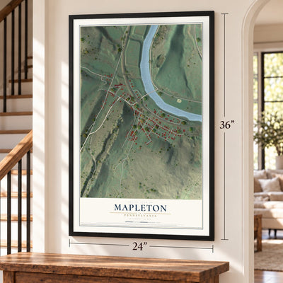 Mapleton, Pennsylvania map, 24 x 36 inch print in a black frame by a staircase