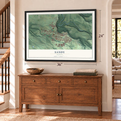 Sandy, Oregon map, 24 x 36 inch print in a black frame above a dresser by a staircase