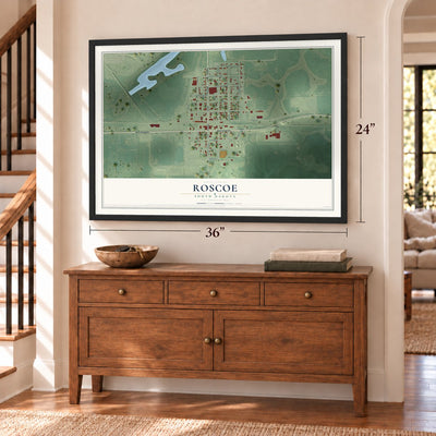 Roscoe, South Dakota map, 24 x 36 inch print in a black frame above a dresser by a staircase