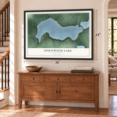 Spiritwood Lake, North Dakota map, 24 x 36 inch print in a black frame above a dresser by a staircase