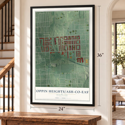 Coppin Heights-Ash-Co-East, Maryland map, 24 x 36 inch print in a black frame by a staircase
