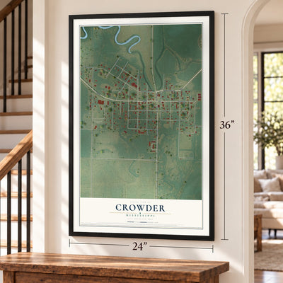 Crowder, Mississippi map, 24 x 36 inch print in a black frame by a staircase