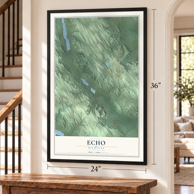 Echo, Michigan map, 24 x 36 inch print in a black frame by a staircase