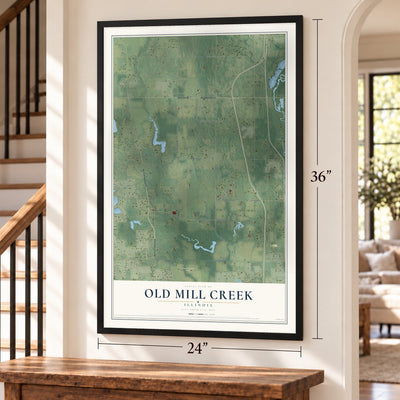 Old Mill Creek, Illinois map, 24 x 36 inch print in a black frame by a staircase