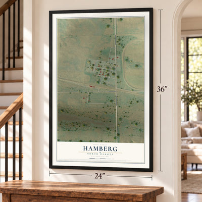 Hamberg, North Dakota map, 24 x 36 inch print in a black frame by a staircase