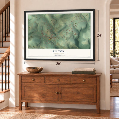 Felton, Pennsylvania map, 24 x 36 inch print in a black frame above a dresser by a staircase