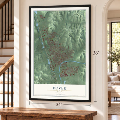 Dover, Ohio map, 24 x 36 inch print in a black frame by a staircase