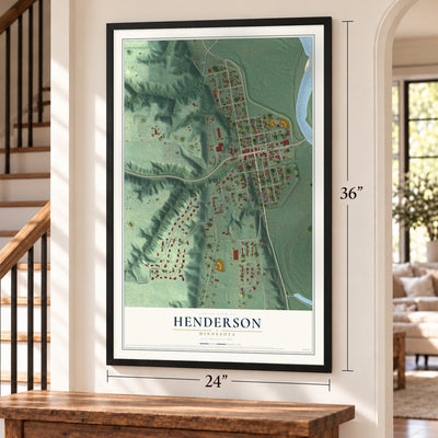Henderson, Minnesota map, 24 x 36 inch print in a black frame by a staircase