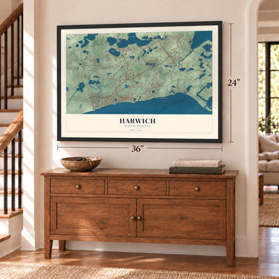 Harwich, Massachusetts map, 24 x 36 inch print in a black frame above a dresser by a staircase