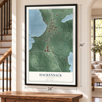 Hackensack, Minnesota map, 24 x 36 inch print in a black frame by a staircase