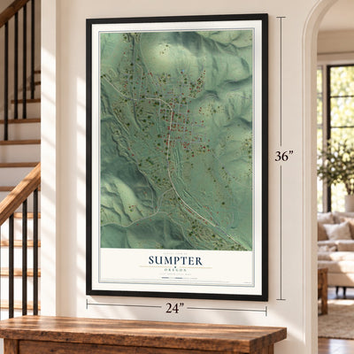 Sumpter, Oregon map, 24 x 36 inch print in a black frame by a staircase