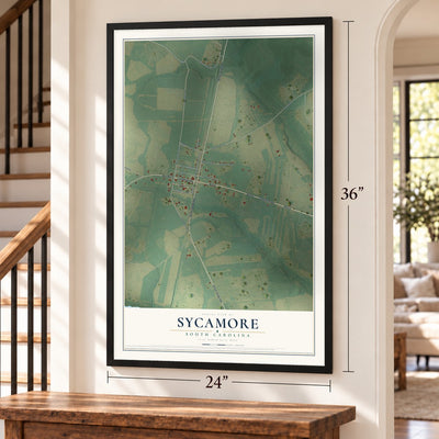 Sycamore, South Carolina map, 24 x 36 inch print in a black frame by a staircase