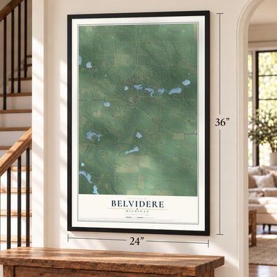 Belvidere, Michigan map, 24 x 36 inch print in a black frame by a staircase