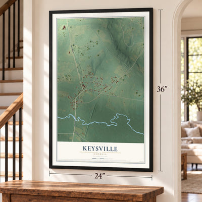 Keysville, Georgia map, 24 x 36 inch print in a black frame by a staircase