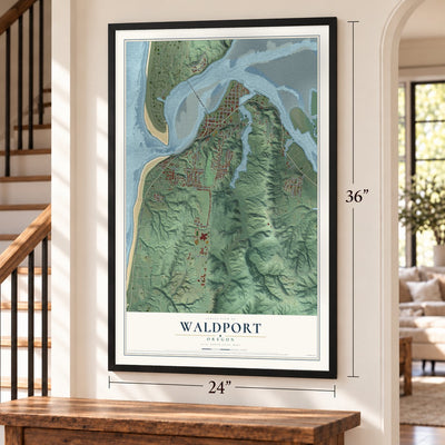 Waldport, Oregon map, 24 x 36 inch print in a black frame by a staircase