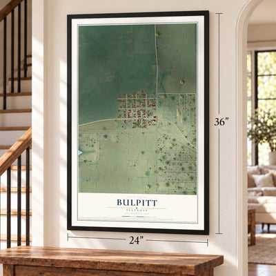 Bulpitt, Illinois map, 24 x 36 inch print in a black frame by a staircase