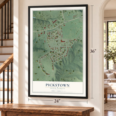 Pickstown, South Dakota map, 24 x 36 inch print in a black frame by a staircase