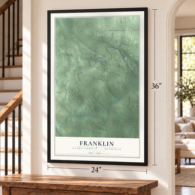 Franklin, Clare County, Michigan map, 24 x 36 inch print in a black frame by a staircase