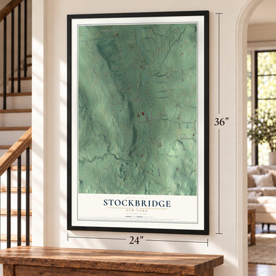 Stockbridge, New York map, 24 x 36 inch print in a black frame by a staircase