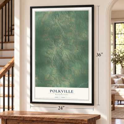 Polkville, Mississippi map, 24 x 36 inch print in a black frame by a staircase