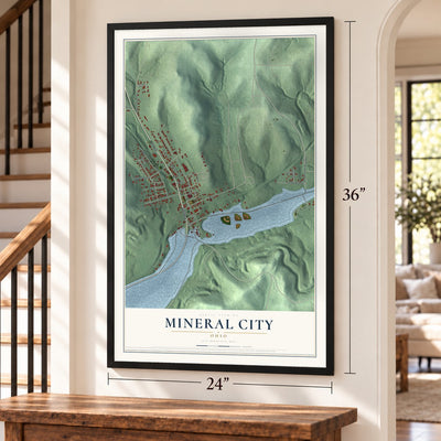 Mineral City, Ohio map, 24 x 36 inch print in a black frame by a staircase