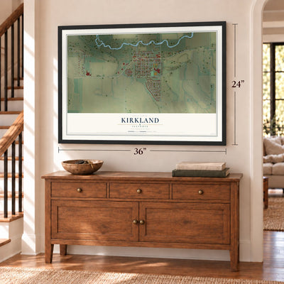 Kirkland, Illinois map, 24 x 36 inch print in a black frame above a dresser by a staircase