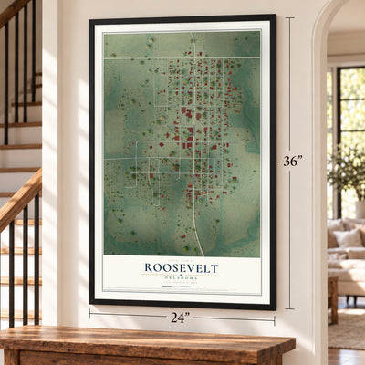 Roosevelt, Oklahoma map, 24 x 36 inch print in a black frame by a staircase