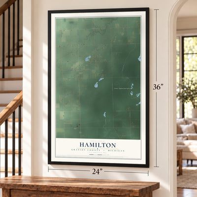 Hamilton, Gratiot County, Michigan map, 24 x 36 inch print in a black frame by a staircase