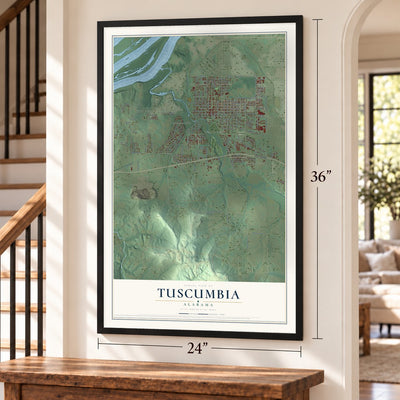 Tuscumbia, Alabama map, 24 x 36 inch print in a black frame by a staircase