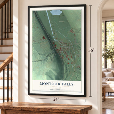 Montour Falls, New York map, 24 x 36 inch print in a black frame by a staircase