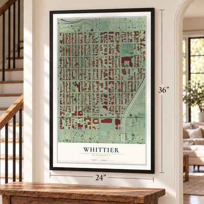 Whittier, Minnesota map, 24 x 36 inch print in a black frame by a staircase