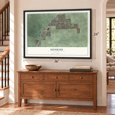 Sunrise, Florida map, 24 x 36 inch print in a black frame above a dresser by a staircase