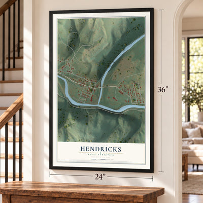 Hendricks, West Virginia map, 24 x 36 inch print in a black frame by a staircase