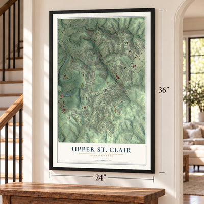 Upper St. Clair, Pennsylvania map, 24 x 36 inch print in a black frame by a staircase