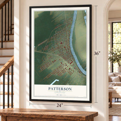 Patterson, Louisiana map, 24 x 36 inch print in a black frame by a staircase