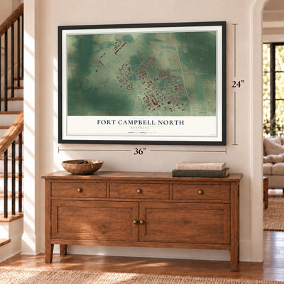 Fort Campbell North, Kentucky map, 24 x 36 inch print in a black frame above a dresser by a staircase