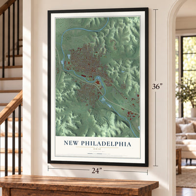 New Philadelphia, Ohio map, 24 x 36 inch print in a black frame by a staircase