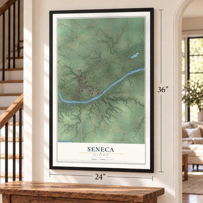 Seneca, Illinois map, 24 x 36 inch print in a black frame by a staircase