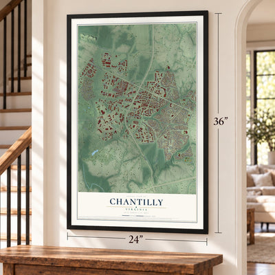 Chantilly, Virginia map, 24 x 36 inch print in a black frame by a staircase