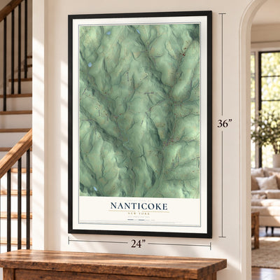 Nanticoke, New York map, 24 x 36 inch print in a black frame by a staircase