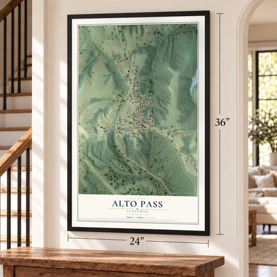Alto Pass, Illinois map, 24 x 36 inch print in a black frame by a staircase