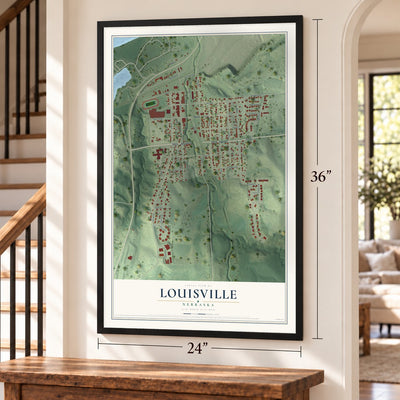 Louisville, Nebraska map, 24 x 36 inch print in a black frame by a staircase