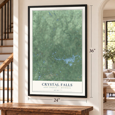 Crystal Falls, Iron County, Michigan map, 24 x 36 inch print in a black frame by a staircase