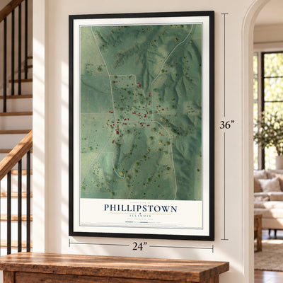 Phillipstown, Illinois map, 24 x 36 inch print in a black frame by a staircase