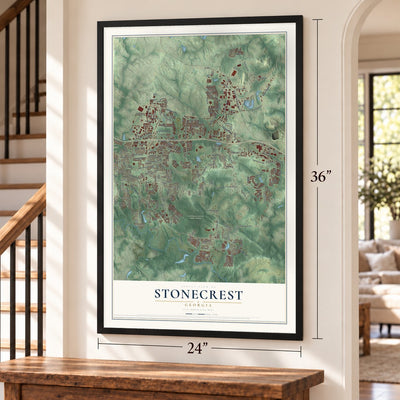 Stonecrest, Georgia map, 24 x 36 inch print in a black frame by a staircase